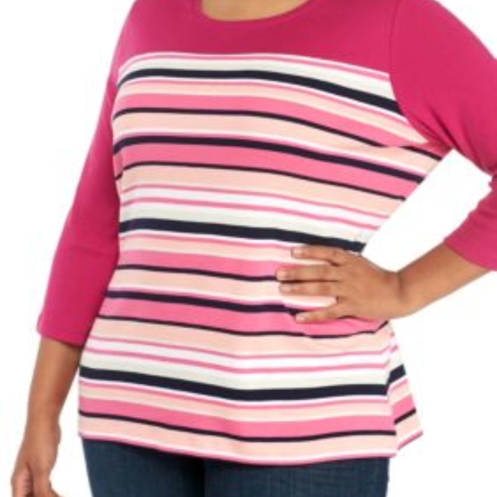 Kim Rogers 3/4 Crew Pink White Neck Cross Stripe Blouse EUC sz 1X
